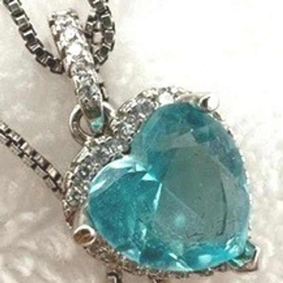 Jewelry - Sterling Silver CZ Necklace Blue Heart Halo Cubic Zirconia